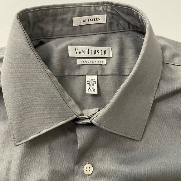 Van Heusen Men Regular Fit Long Sleeve Gray Dress Shirt Lux Sateen 17 1/2 34/35 - Picture 4 of 12